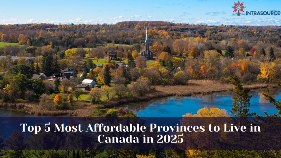 Scenic view of an affordable Canadian province with budget-friendly housing, peaceful streets, and a natural landscape of mountains and lakes, representing low-cost living in Canada.